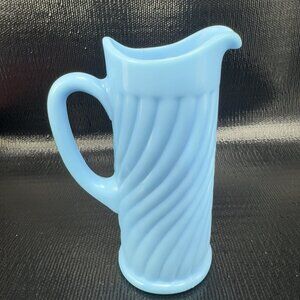 Blue Milk Glass Swirl Pattern Tall Pitcher Creamer Glassware French Glassware
